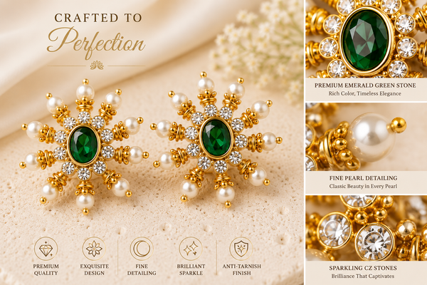 Traditional Designer Pearl Stud Earrings with Green Stone for Women