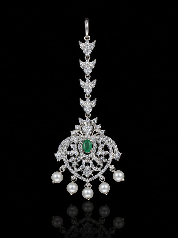 Premium American Diamond Maang Tikka for Women | Silver Plated CZ Stone Bridal Matha Patti Tikka with Pearl Drops