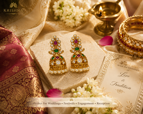 Traditional Designer Stone Jhumka Earrings with Pearl Drops for Women