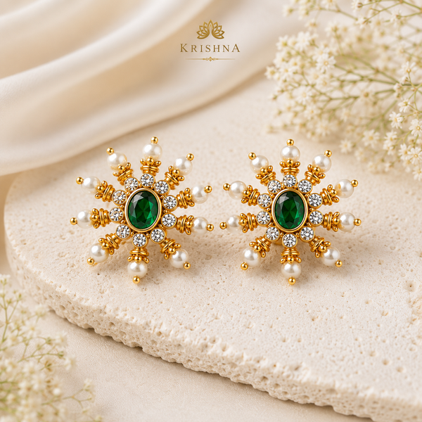 Traditional Designer Pearl Stud Earrings with Green Stone for Women
