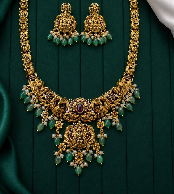 Premium Antique Gold Lakshmi Temple Necklace Set for Women | Traditional South Indian Choker Necklace with Matching Jhumka Earrings