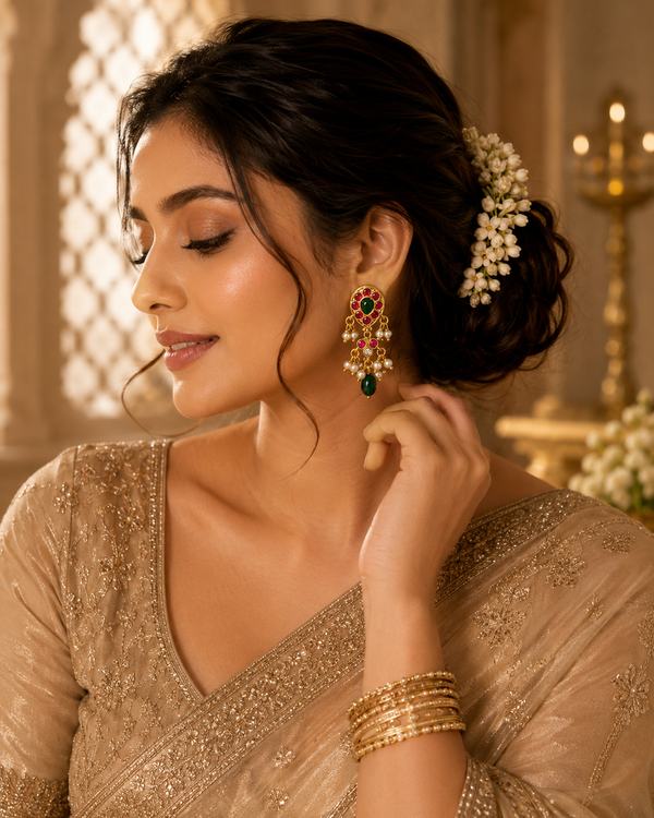 Traditional Artificial Stone & Pearl Drop Earrings for Women