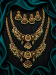 Premium Temple Jewellery Double Layer Bridal Necklace Set for Women | Antique Gold Plated Lakshmi Haram Set with Jhumka Earrings