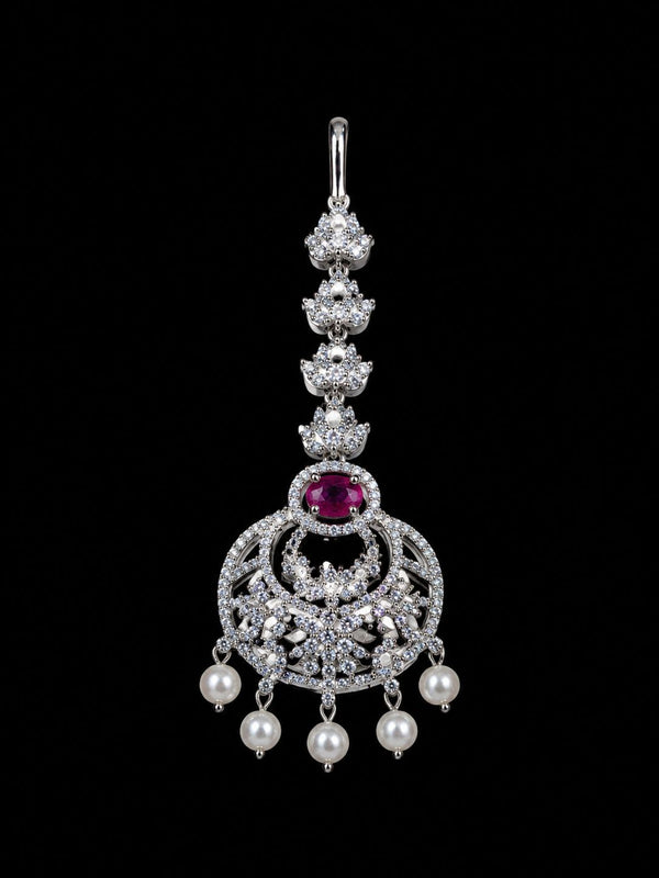Premium American Diamond Maang Tikka for Women | Silver Plated CZ Stone Bridal Matha Patti Tikka with Pearl Drops