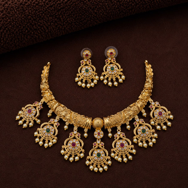 Traditional Temple Gold Plated Necklace Set for Women | Antique Coin Design with Multicolor Stones & Pearl Drops