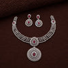 Luxury American Diamond Choker Necklace Set for Women | Silver Finish CZ Necklace with Ruby Red Stones & Matching Earrings