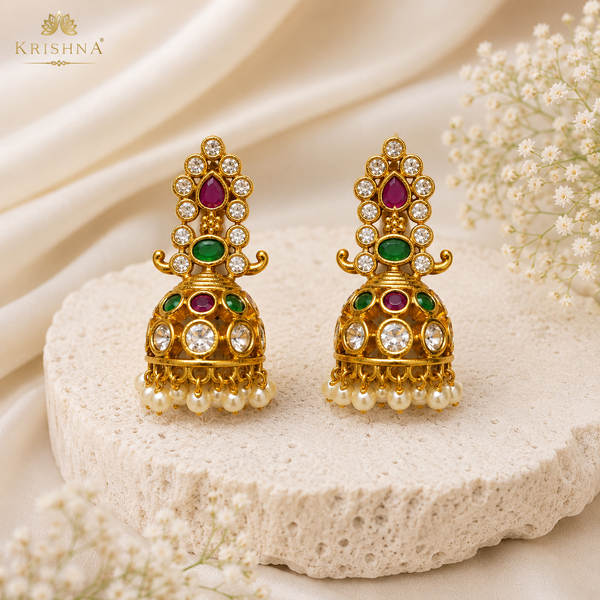 Traditional Designer Stone Jhumka Earrings with Pearl Drops for Women