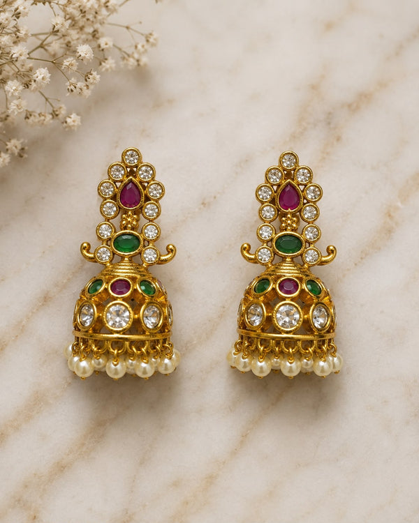 Traditional Designer Stone Jhumka Earrings with Pearl Drops for Women