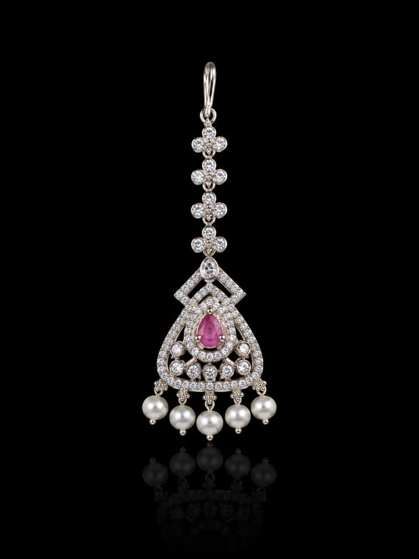 Premium American Diamond Maang Tikka for Women | Silver Plated CZ Stone Bridal Matha Patti Tikka with Pearl Drops