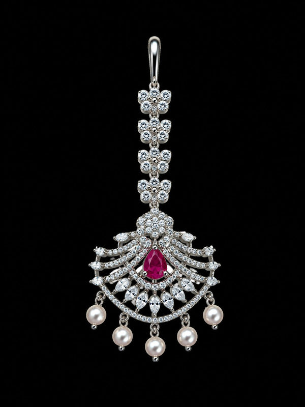 Premium American Diamond Maang Tikka for Women | Silver Plated CZ Stone Bridal Matha Patti Tikka with Pearl Drops