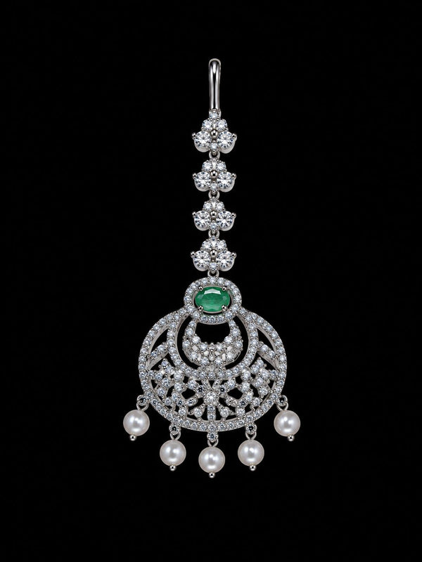 Premium American Diamond Maang Tikka for Women | Silver Plated CZ Stone Bridal Matha Patti Tikka with Pearl Drops
