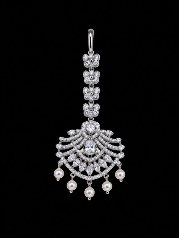 Premium American Diamond Maang Tikka for Women | Silver Plated CZ Stone Bridal Matha Patti Tikka with Pearl Drops