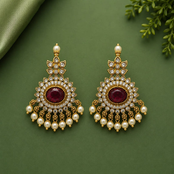 Traditional Gold Tone Chandbali Earrings for Women | CZ Stone & Pearl Drop Ethnic Earrings