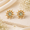 Traditional Designer Pearl Stud Earrings with Green Stone for Women