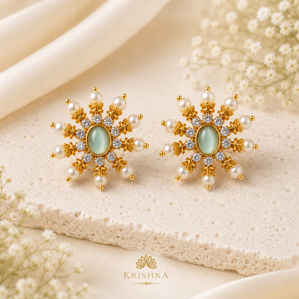 Traditional Designer Pearl Stud Earrings with Green Stone for Women