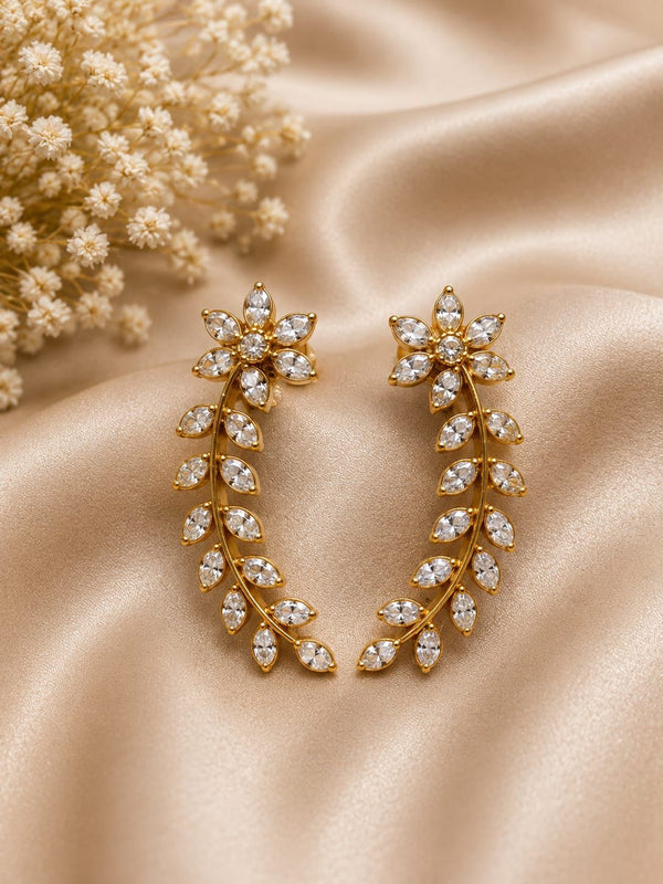 Gold-Plated Crystal Leaf Ear Cuff Earrings for Women | Elegant Floral Party Wear Earrings
