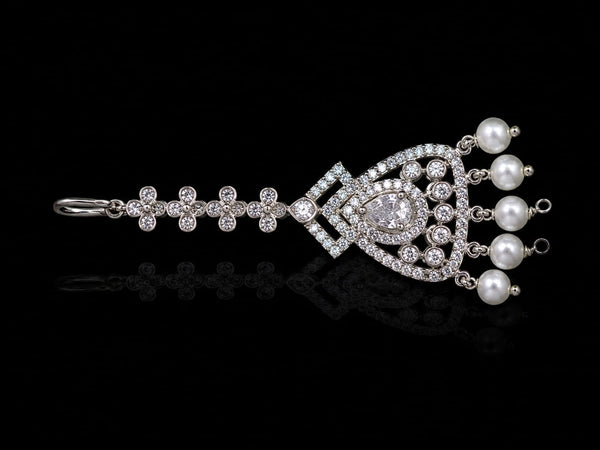 Premium American Diamond Maang Tikka for Women | Silver Plated CZ Stone Bridal Matha Patti Tikka with Pearl Drops