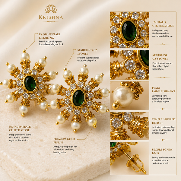 Traditional Designer Pearl Stud Earrings with Green Stone for Women