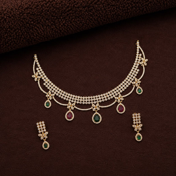 Elegant American Diamond Choker Necklace Set for Women | Gold Finish CZ Necklace with Multicolor Teardrop Stones & Matching Earrings