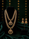 Premium Antique Gold Bridal Necklace Set for Women | Double Layer Traditional Long Haram with Designer Jhumka Earrings | Pearl Drop Temple Jewellery