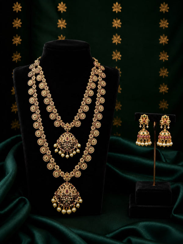 Premium Antique Gold Bridal Necklace Set for Women | Double Layer Traditional Long Haram with Designer Jhumka Earrings | Pearl Drop Temple Jewellery