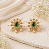 Traditional Designer Pearl Stud Earrings with Green Stone for Women