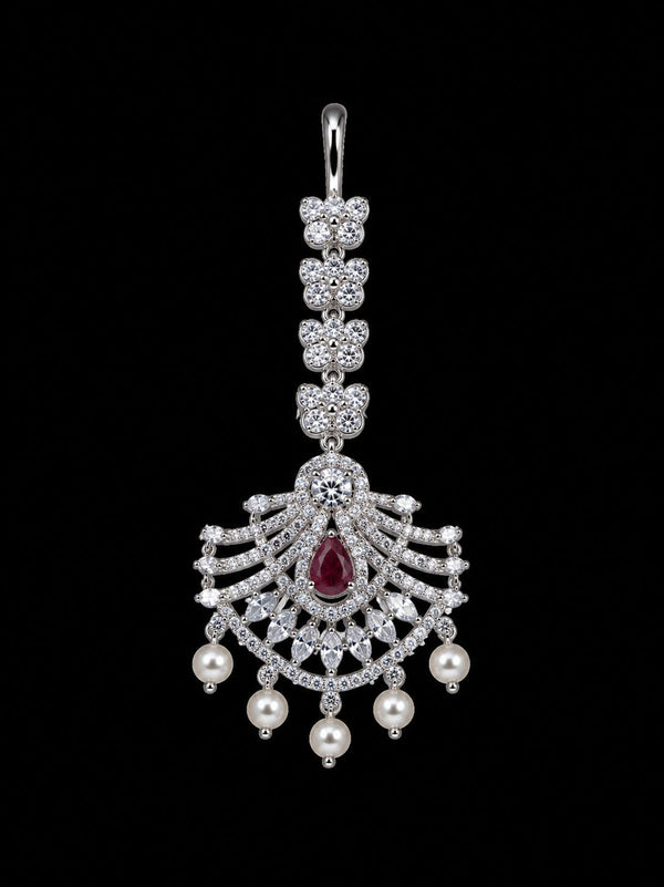 Premium American Diamond Maang Tikka for Women | Silver Plated CZ Stone Bridal Matha Patti Tikka with Pearl Drops