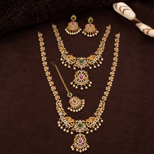 Premium American Diamond Bridal Necklace Set for Women | Gold Plated CZ Double Layer Necklace with Matching Earrings, Maang Tikka & Pendants