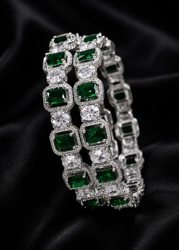 Premium Emerald Crystal Bangles for Women | Silver-Tone | Pair of 2