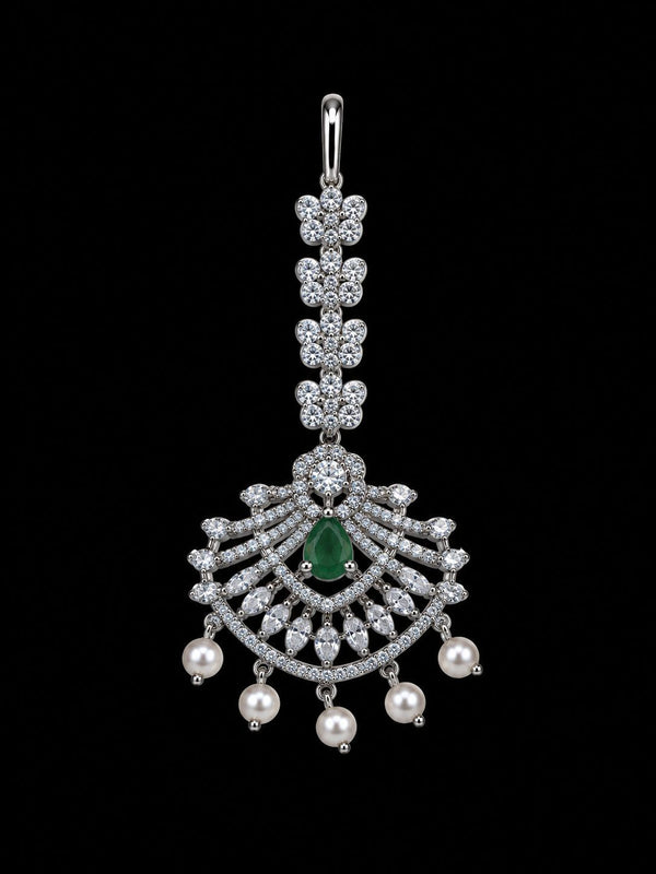 Premium American Diamond Maang Tikka for Women | Silver Plated CZ Stone Bridal Matha Patti Tikka with Pearl Drops