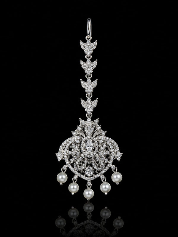 Premium American Diamond Maang Tikka for Women | Silver Plated CZ Stone Bridal Matha Patti Tikka with Pearl Drops