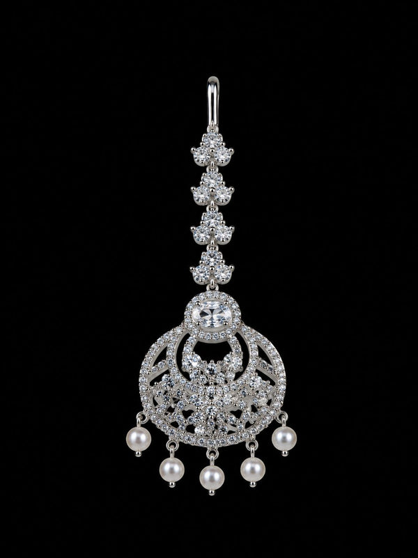 Premium American Diamond Maang Tikka for Women | Silver Plated CZ Stone Bridal Matha Patti Tikka with Pearl Drops