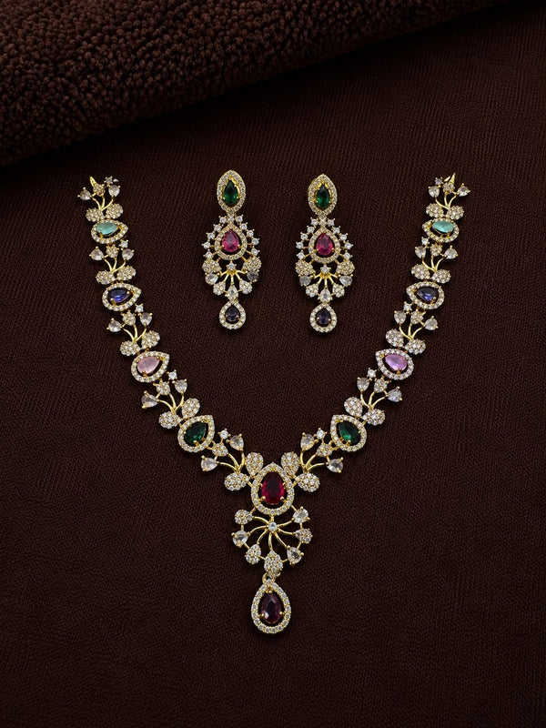 Premium American Diamond Multicolor Floral Necklace Set for Women | CZ Stone Party Wear Necklace with Matching Drop Earrings