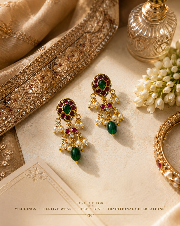 Traditional Artificial Stone & Pearl Drop Earrings for Women