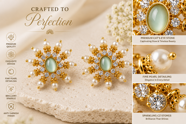 Traditional Designer Pearl Stud Earrings with Green Stone for Women