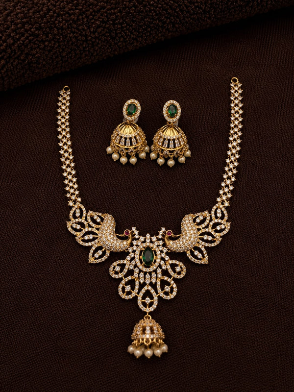 Premium Peacock American Diamond Necklace Set for Women | Gold Finish CZ Necklace with Green Stone & Matching Jhumka Earrings