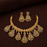 Traditional Temple Gold Plated Necklace Set for Women | Antique Coin Design with Multicolor Stones & Pearl Drops