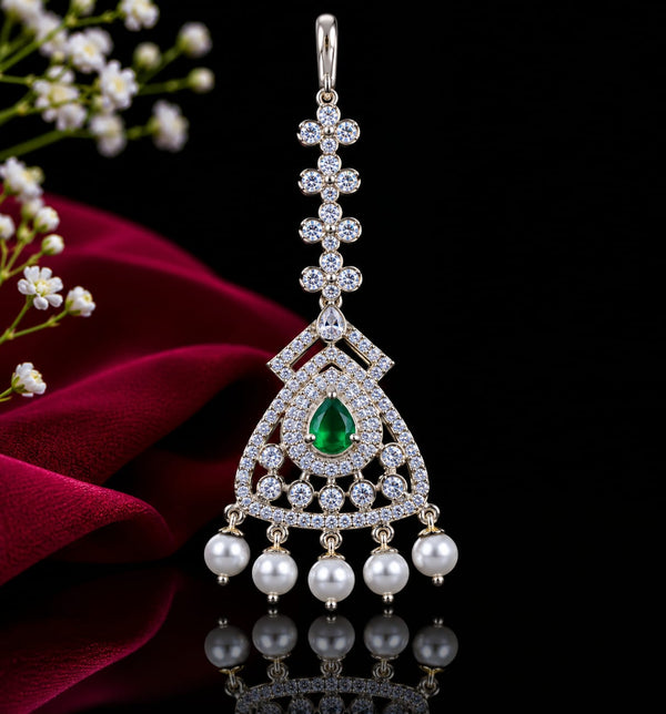 Premium American Diamond Maang Tikka for Women | Silver Plated CZ Stone Bridal Matha Patti Tikka with Pearl Drops