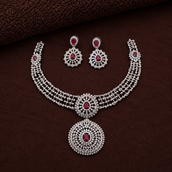 Luxury American Diamond Choker Necklace Set for Women | Silver Finish CZ Necklace with Ruby Red Stones & Matching Earrings