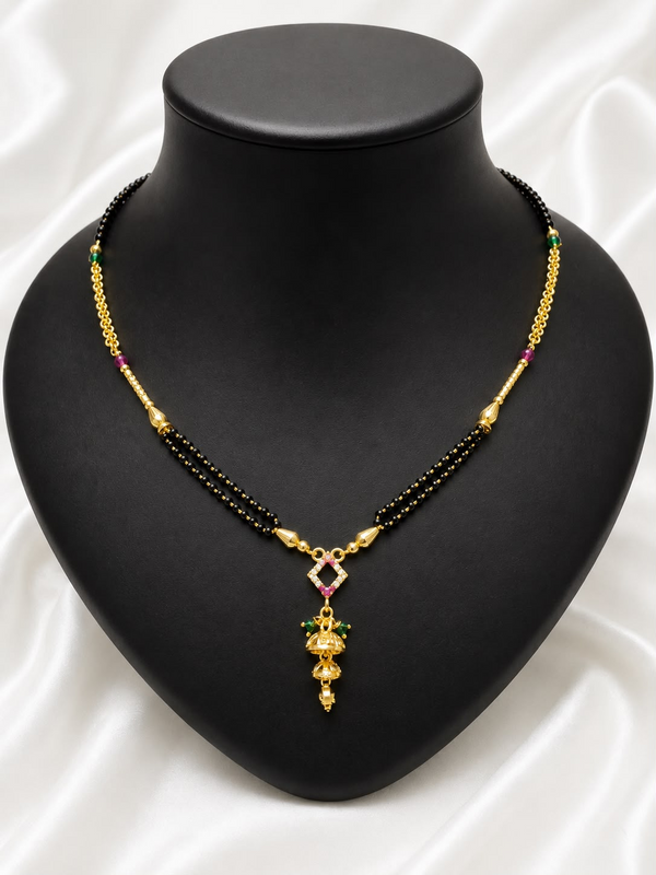 Traditional Black Bead Mangalsutra with Jhumka Pendant | Gold-Tone Designer Mangalsutra for Women