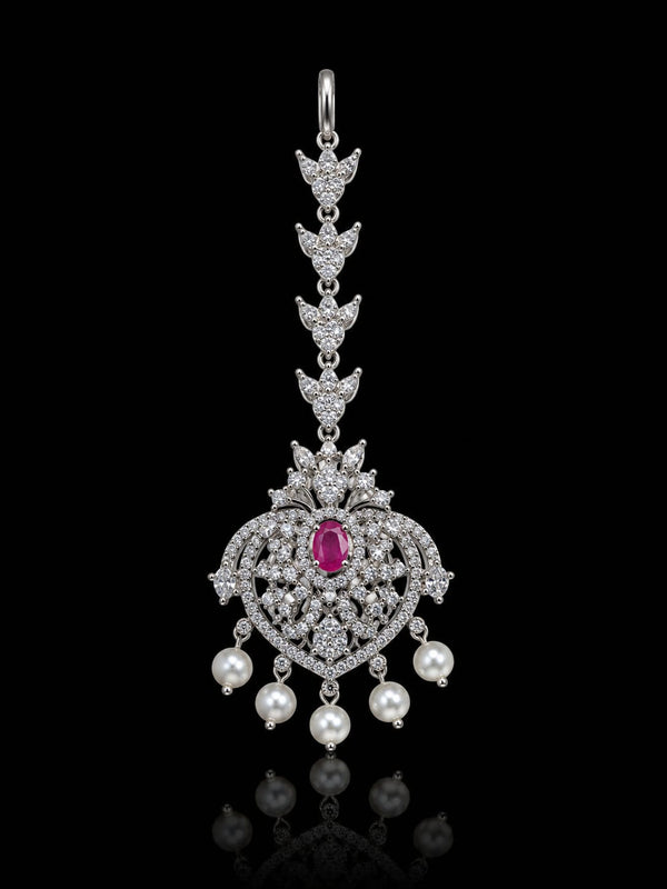 Premium American Diamond Maang Tikka for Women | Silver Plated CZ Stone Bridal Matha Patti Tikka with Pearl Drops