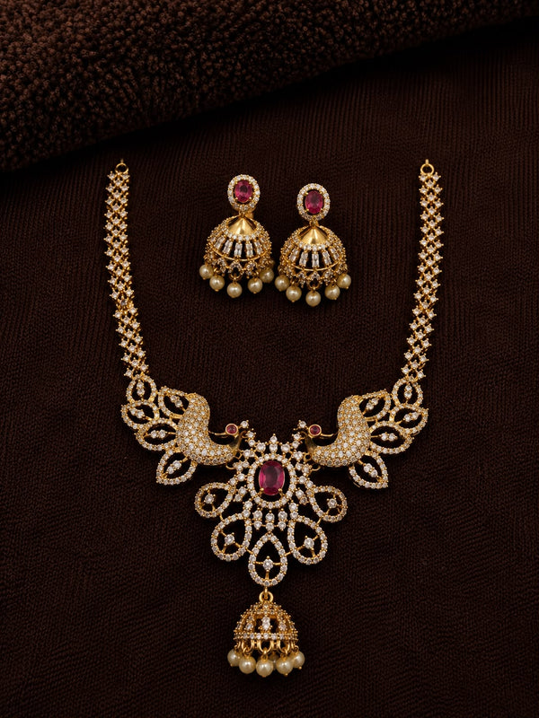 Premium Peacock American Diamond Necklace Set for Women | Gold Finish CZ Necklace with Green Stone & Matching Jhumka Earrings