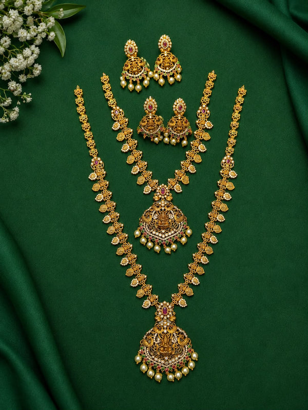 Traditional Temple Jewellery Set for Women | Gold Tone Long Haram Necklace Set with Matching Earrings