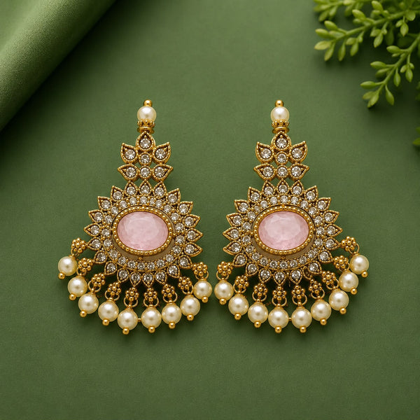 Traditional Gold Tone Chandbali Earrings for Women | CZ Stone & Pearl Drop Ethnic Earrings