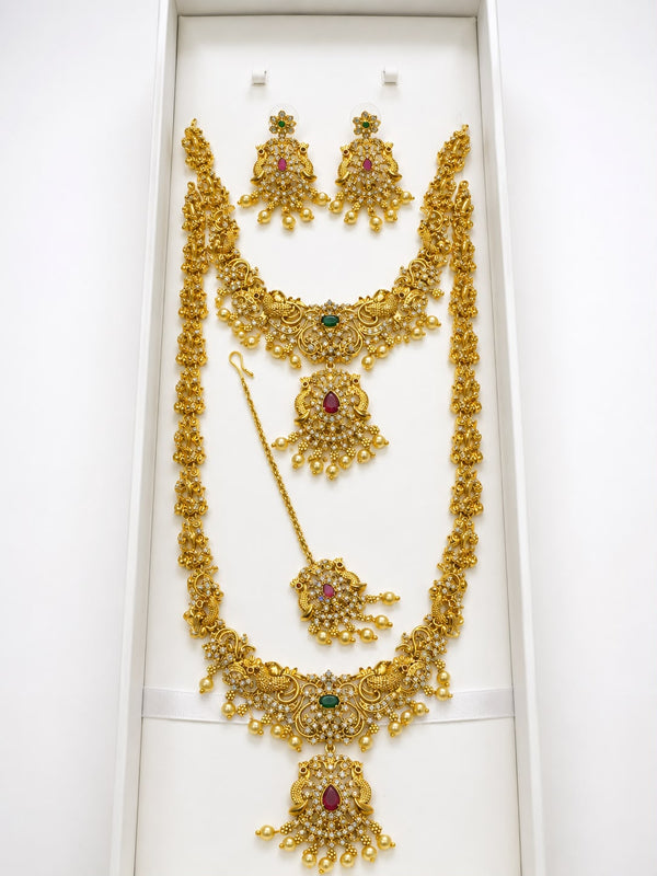 Traditional Bridal Jewellery Set for Women | Gold Tone Long Necklace Set with Choker, Earrings, Maang Tikka & Pendant