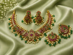 Premium Gold Plated Temple Jewellery Set for Women | Ruby Green Stone Bridal Necklace Set with Jhumka Earrings, Maang Tikka & Finger Ring