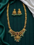 Premium Antique Gold Lakshmi Temple Necklace Set for Women | South Indian Traditional Long Haram with Matching Jhumka Earrings